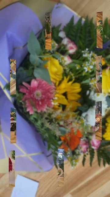 Πολύχρωμη ανθοδέσμη με κίτρινα, ροζ και κόκκινα λουλούδια